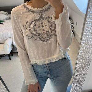 Zara cream sheer embroidered open back cropped long sleeve top size small